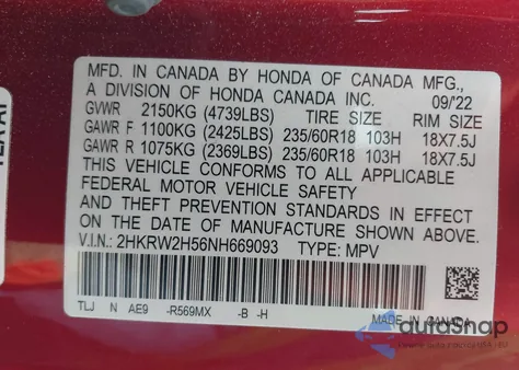 2022 Honda Cr-V Awd Ex из США, поврежденный, VIN 2HKRW2H56NH669093